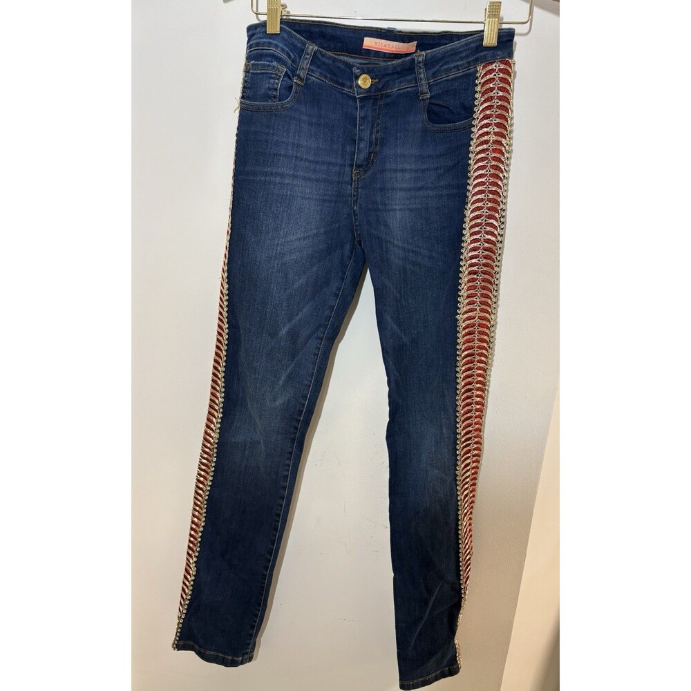 Vilagallo Dark Wash Skinny Jeans Red and Gold Embellishment Size 40 / US 8